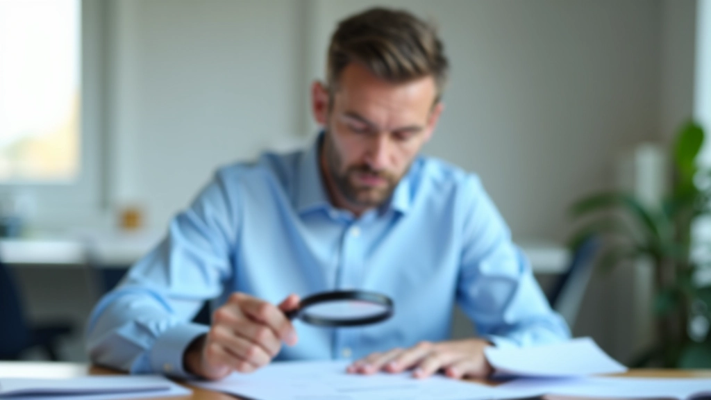 Mann sitzt mit Dokumenten und Lupe am Tisch und überprüft die Nebenkosten-Abrechnung