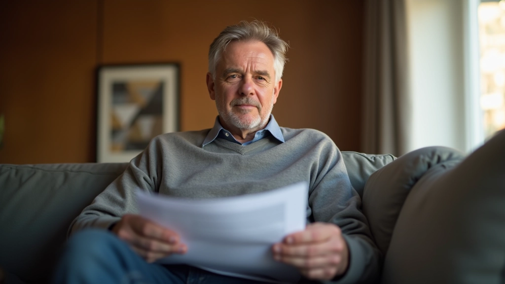 Mieter sitzt in Wohnzimmer und liest Informationen zu Mieterrechten und Widerspruchsfrist