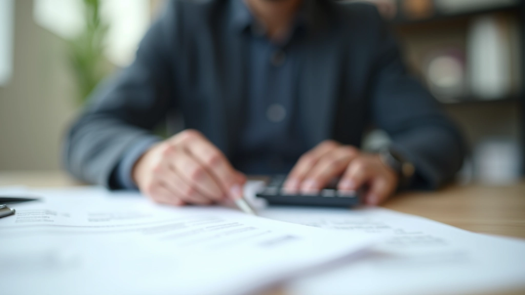 Person mit Taschenrechner und Rechnungen auf dem Schreibtisch, Zahlen prüfen und Kosten überprüfen