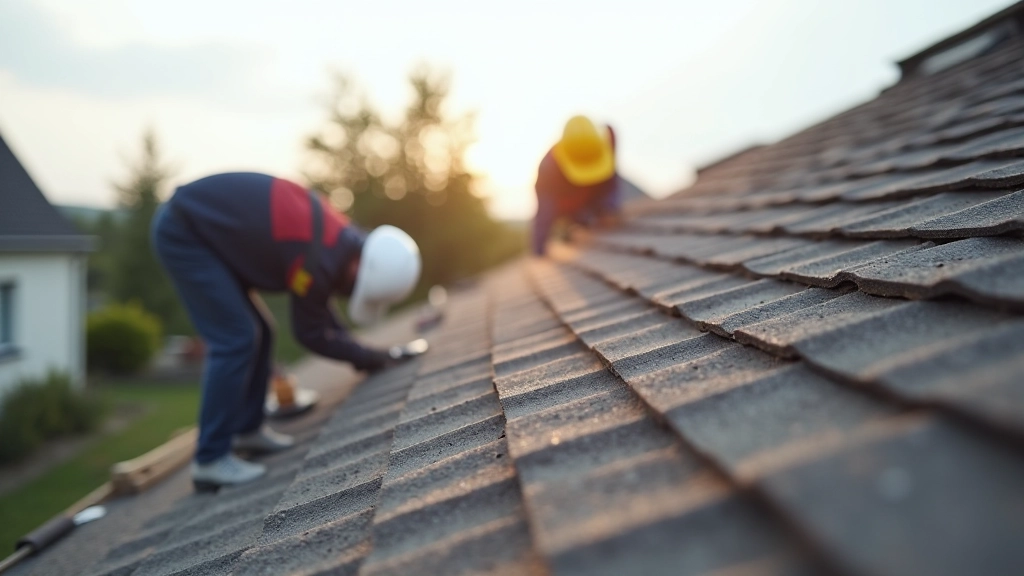 Dachreparaturarbeiten mit Handwerkern auf dem Dach, Renovierungstätigkeit