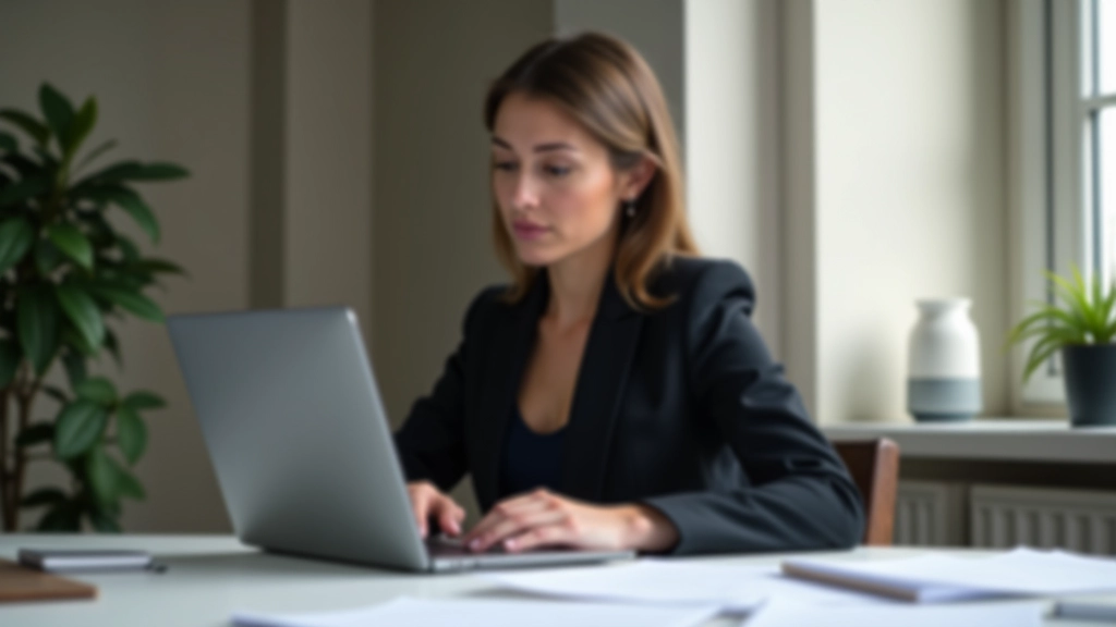 Frau am Laptop schaut sich Betriebskosten-Details an, Unterlagen auf dem Schreibtisch