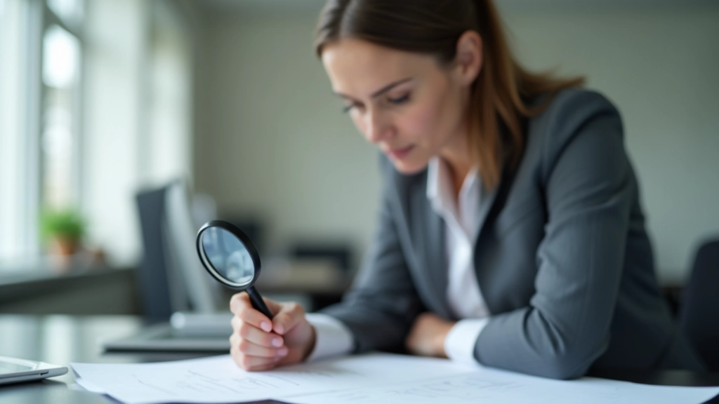 Frau mit Lupe überprüft Zahlen und Posten in der Nebenkostenabrechnung
