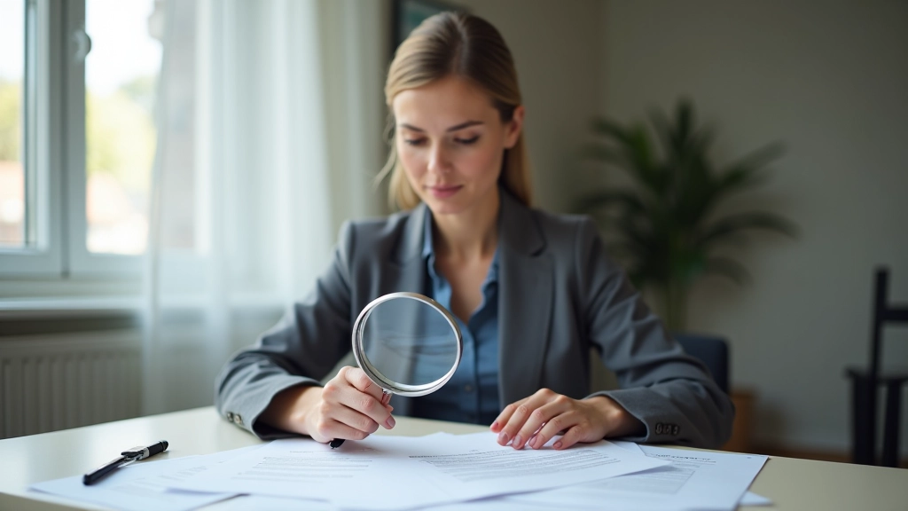 Frau am Schreibtisch mit Dokumenten überprüft Nebenkostenabrechnung gründlich