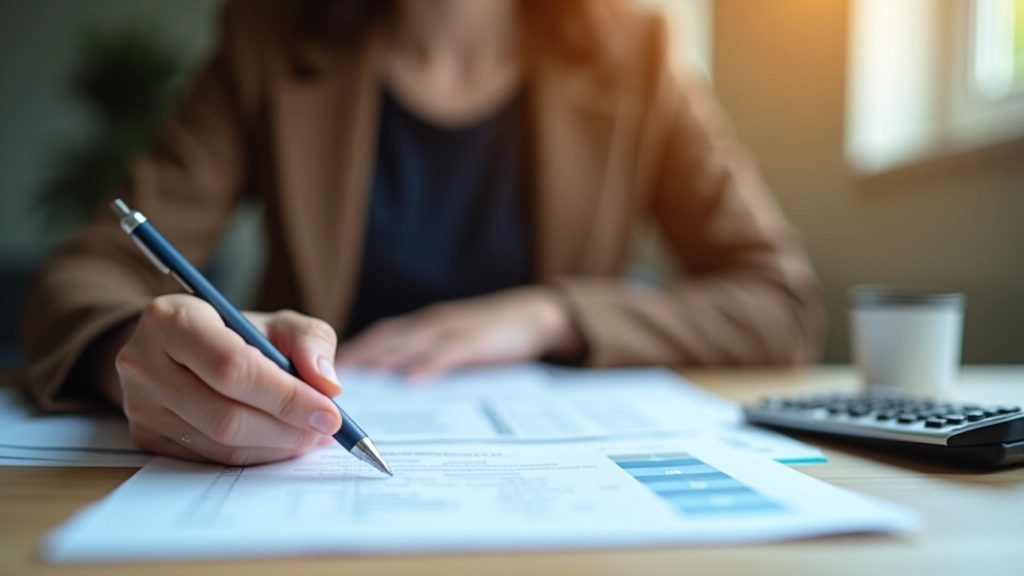 Frau überprüft Dokumente am Schreibtisch